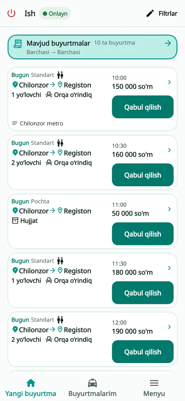 Tashkent Go haydovchi bo‘limidagi yo‘nalish, vaqt, narx va Qabul qilish tugmasi bor namuna buyurtmalar